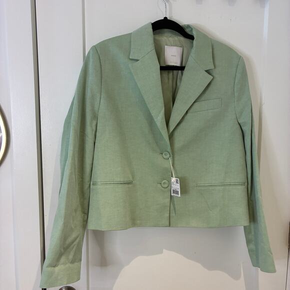 NWT Mango Mint Green Linen Cropped Sevilla Blazer Sz Large - Picture 3 of 13